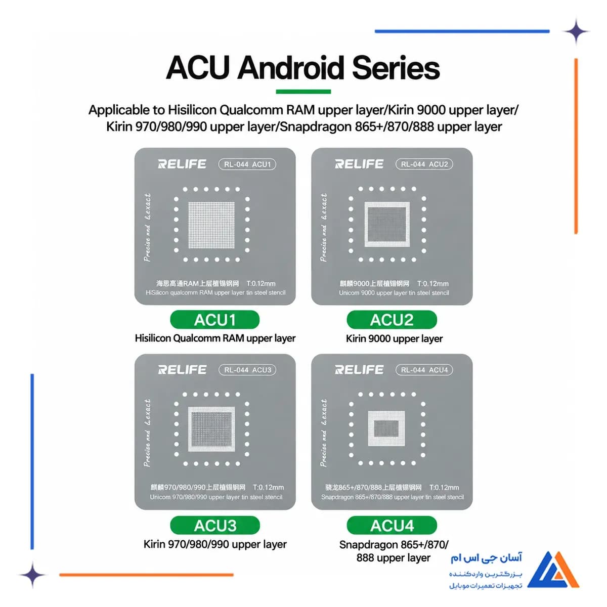 نمای شابلون های ACU1 تا ACU4 ریلایف RL-044 برای چیپ های اندرویدی