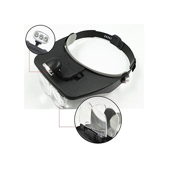 ذره بین لوپ هدبندی  4 لنز و چراغ LED