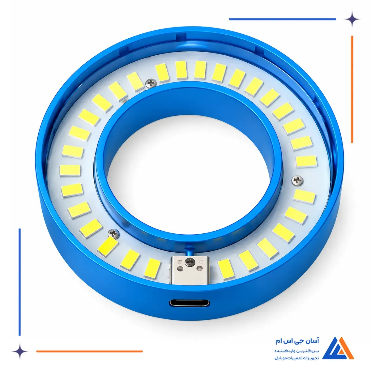 نمای از بالا لامپ حلقه ای LED آبی جی سی آی دی ML-01 با درگاه USB Type-C