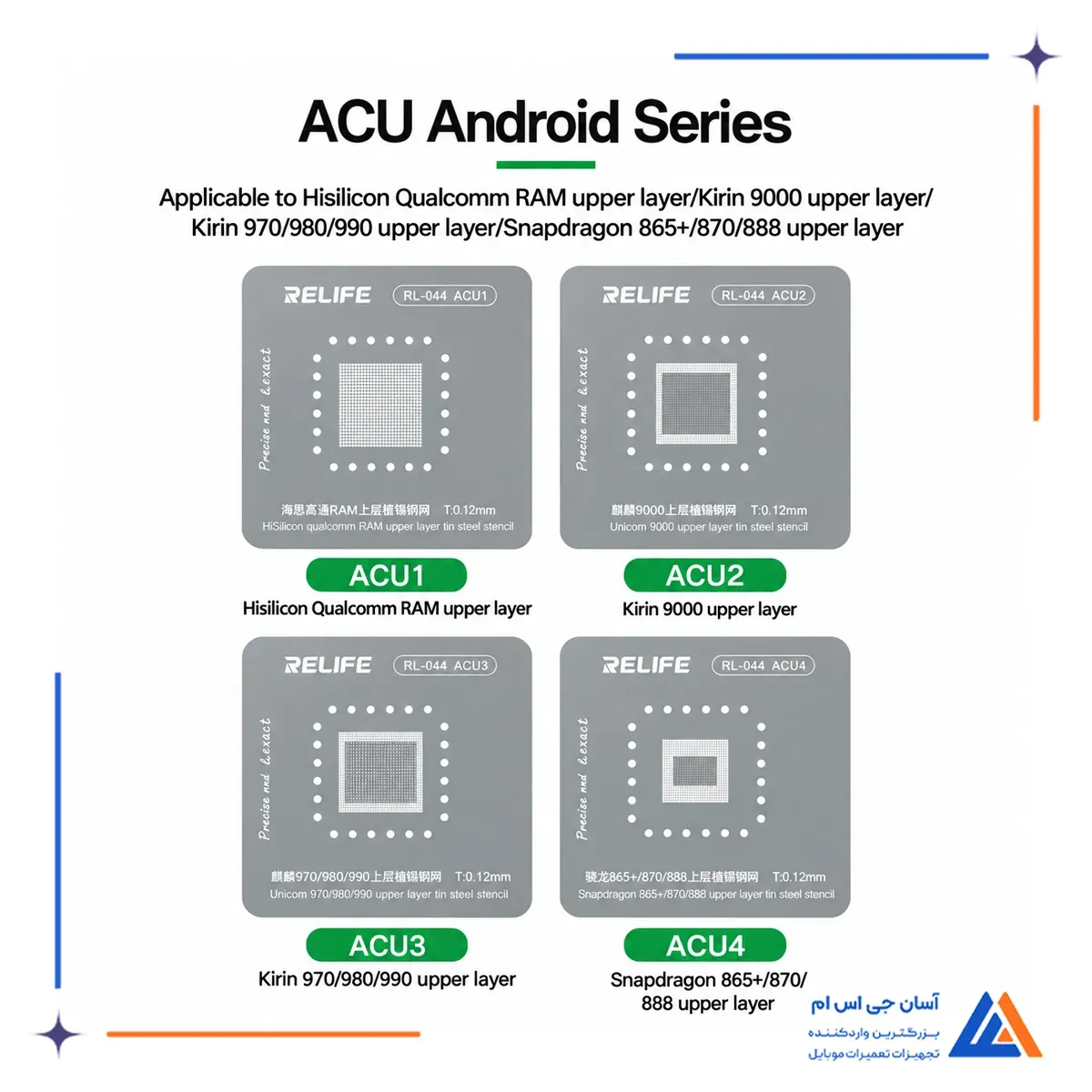 نمای شابلون های ACU1 تا ACU4 ریلایف RL-044 برای چیپ های اندرویدی