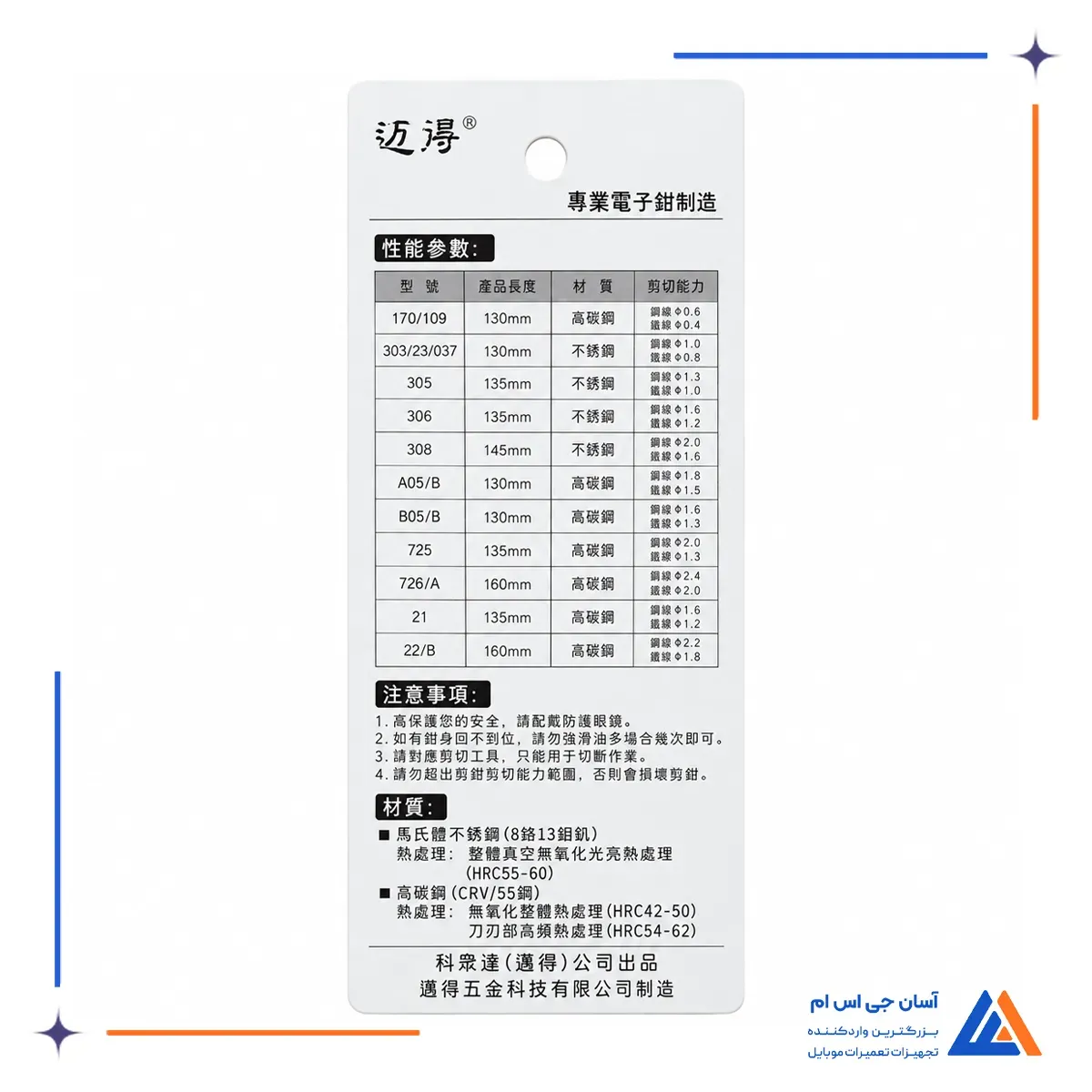 نمای پشت بسته بندی سیم چین CB-S22